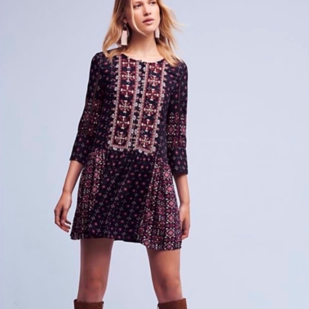 Anthropologie Navy and Pink Floral Dress